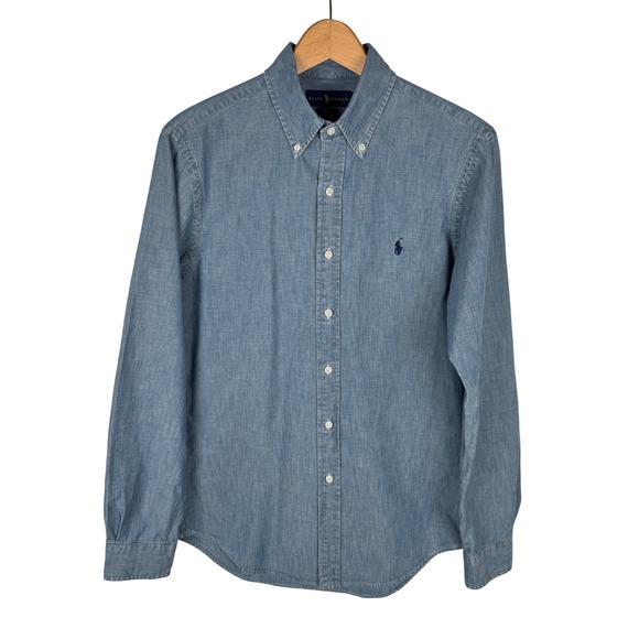 Ralph Lauren Slim Fit Chambray Button Down Shirt Mens M Blue Long Sleeve Logo - Picture 3 of 8